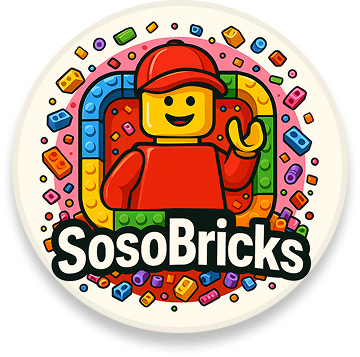 Foto de uma minifigura Lego sorrindo, usando boné vermelho e fundo colorido com peças de Lego.